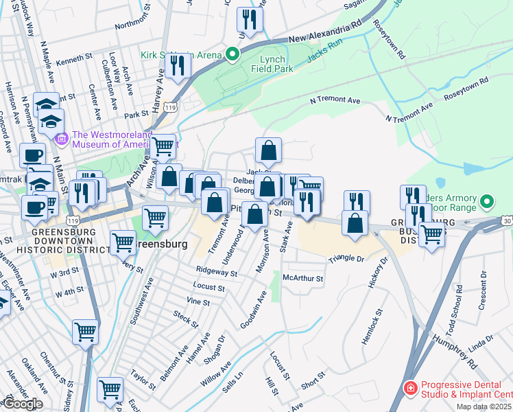 map of restaurants, bars, coffee shops, grocery stores, and more near 541 East Pittsburgh Street in Greensburg