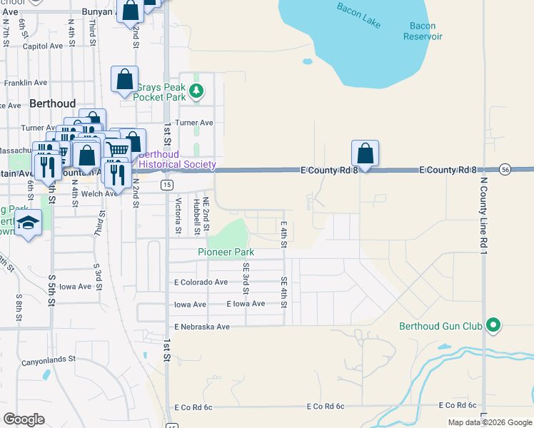map of restaurants, bars, coffee shops, grocery stores, and more near 425 East Co Road 8 in Berthoud