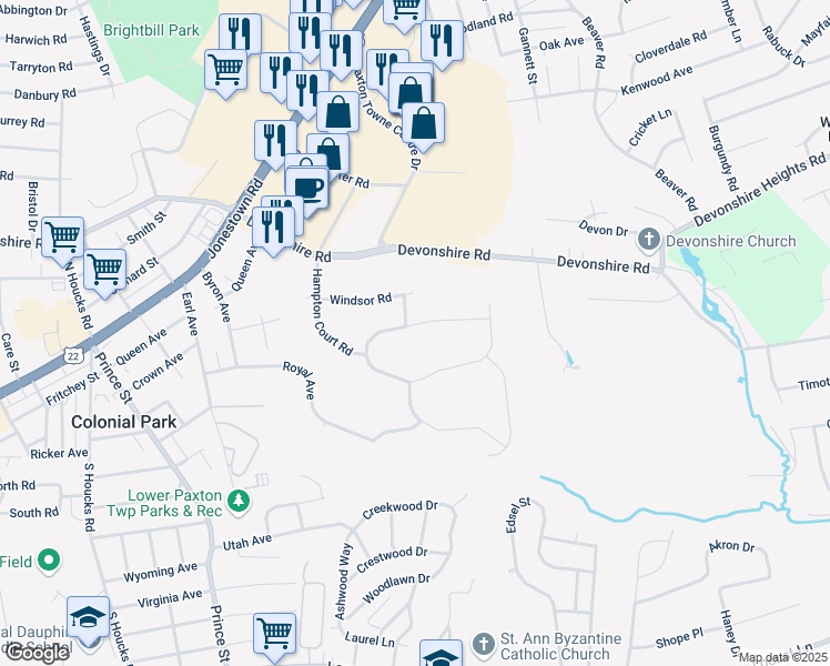 map of restaurants, bars, coffee shops, grocery stores, and more near 5363 Wilshire Road in Harrisburg
