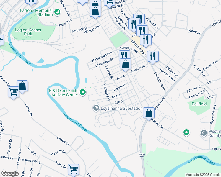 map of restaurants, bars, coffee shops, grocery stores, and more near 120 Avenue A in Latrobe