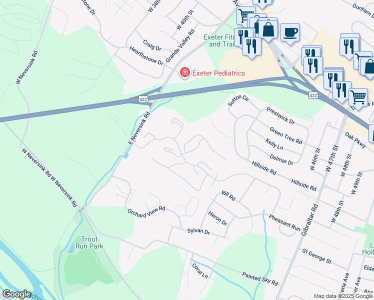 map of restaurants, bars, coffee shops, grocery stores, and more near 126 Christine Drive in Reading