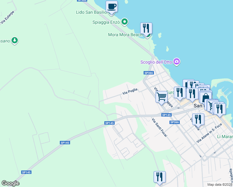 map of restaurants, bars, coffee shops, grocery stores, and more near 19 Via Puglia in San Foca