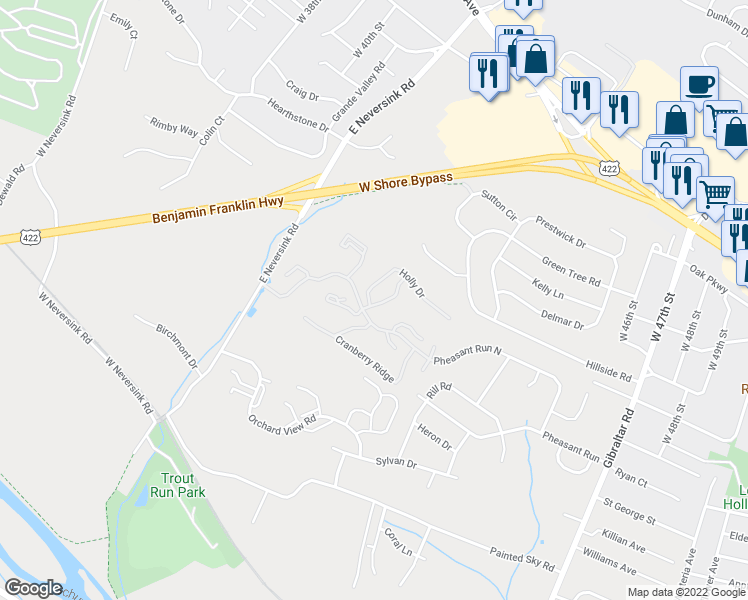 map of restaurants, bars, coffee shops, grocery stores, and more near 75-6 Azalea Way in Reading