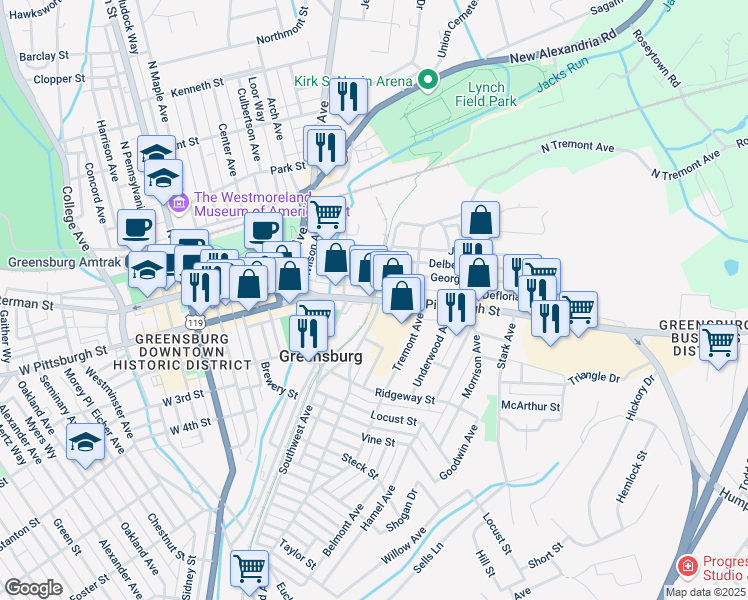 map of restaurants, bars, coffee shops, grocery stores, and more near 414 E Pittsburgh St in Greensburg