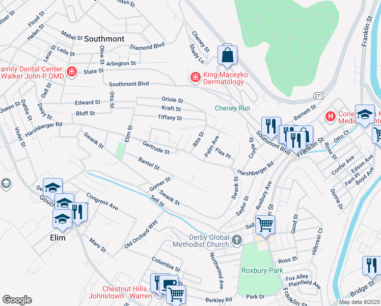 map of restaurants, bars, coffee shops, grocery stores, and more near 100 Rita Street in Johnstown