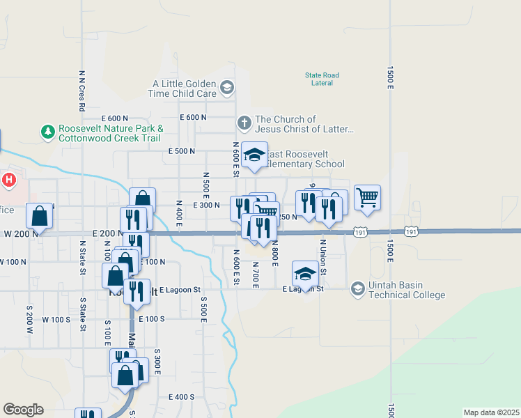 map of restaurants, bars, coffee shops, grocery stores, and more near 693 East 300 North in Roosevelt