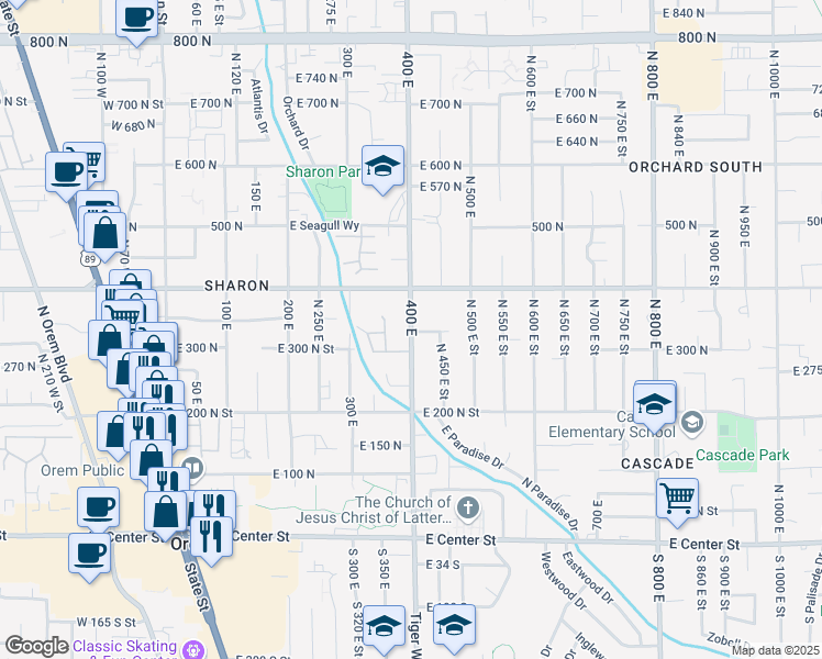 map of restaurants, bars, coffee shops, grocery stores, and more near 425 East 330 North in Orem