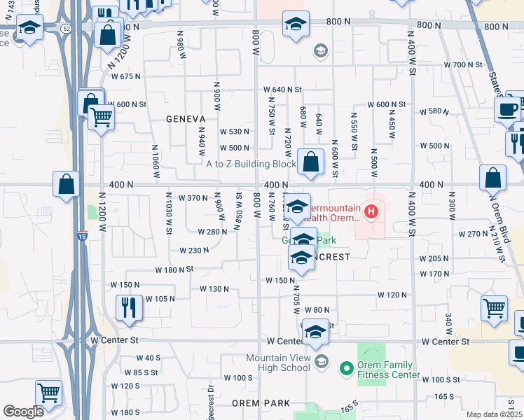 map of restaurants, bars, coffee shops, grocery stores, and more near 108 North 760 West in Orem