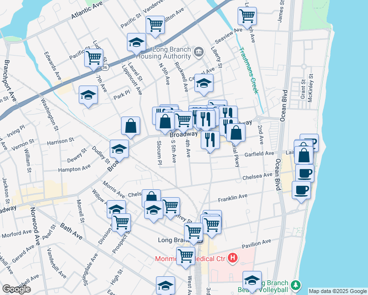 map of restaurants, bars, coffee shops, grocery stores, and more near 17 4th Avenue in Long Branch