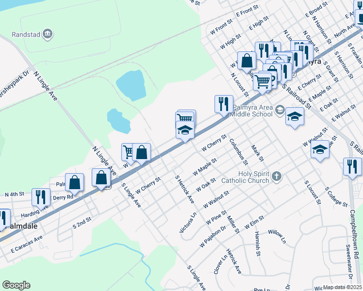map of restaurants, bars, coffee shops, grocery stores, and more near 629 West Main Street in Palmyra