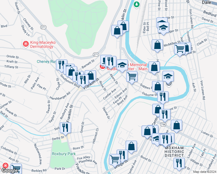 map of restaurants, bars, coffee shops, grocery stores, and more near 1087 McKinley Avenue in Johnstown