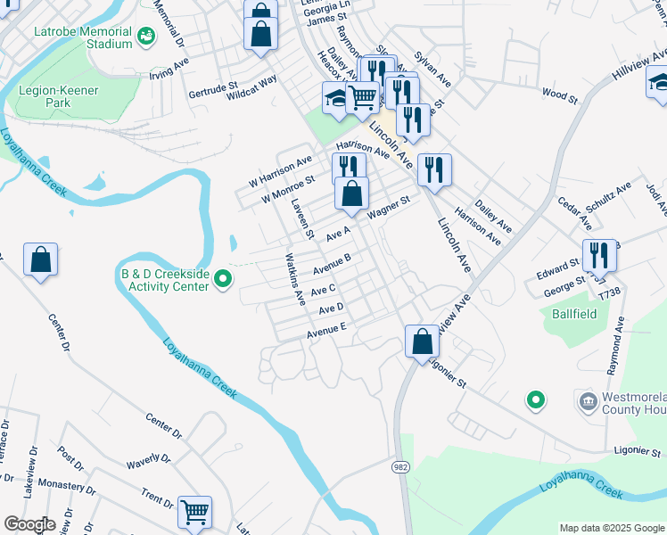 map of restaurants, bars, coffee shops, grocery stores, and more near 2416 Laveen Street in Latrobe