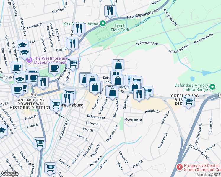 map of restaurants, bars, coffee shops, grocery stores, and more near 541 East Pittsburgh Street in Greensburg