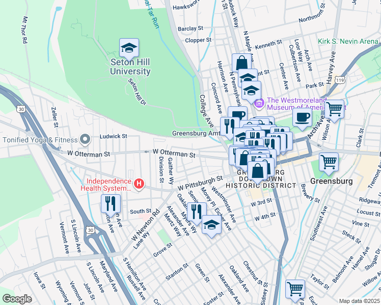 map of restaurants, bars, coffee shops, grocery stores, and more near 319 Brown Street in Greensburg