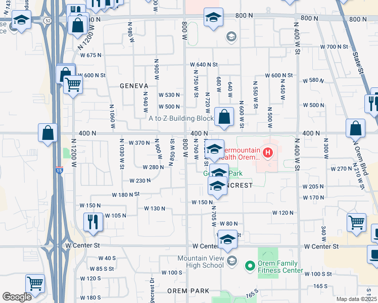 map of restaurants, bars, coffee shops, grocery stores, and more near 108 North 760 West in Orem