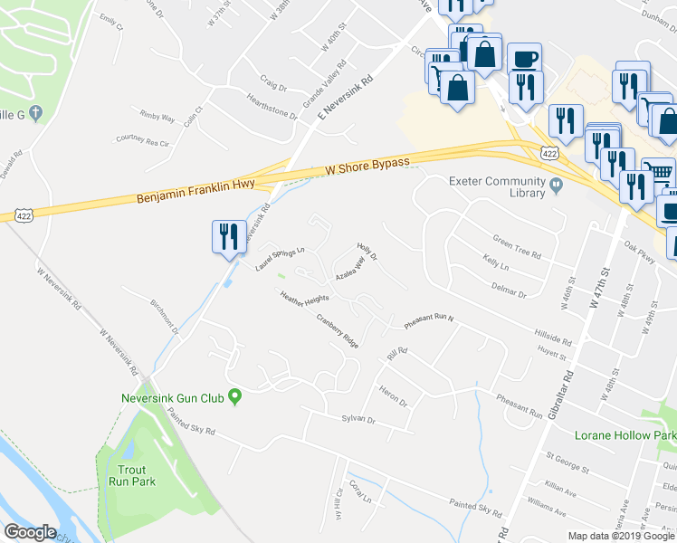 map of restaurants, bars, coffee shops, grocery stores, and more near 75-2 Azalea Way in Reading