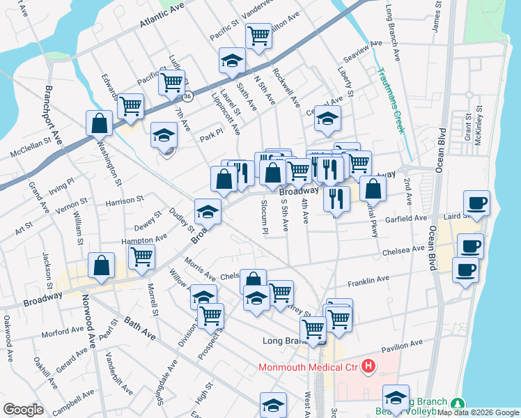 map of restaurants, bars, coffee shops, grocery stores, and more near 20 Slocum Place in Long Branch