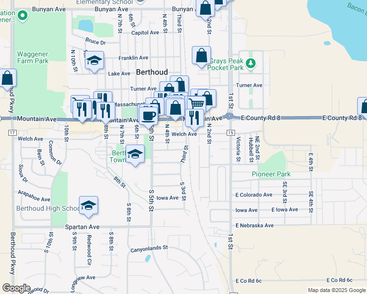 map of restaurants, bars, coffee shops, grocery stores, and more near 302 Bimson Avenue in Berthoud