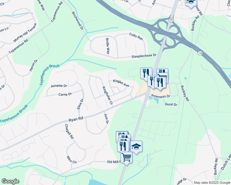 map of restaurants, bars, coffee shops, grocery stores, and more near 4 Bluebird Lane in Marlboro