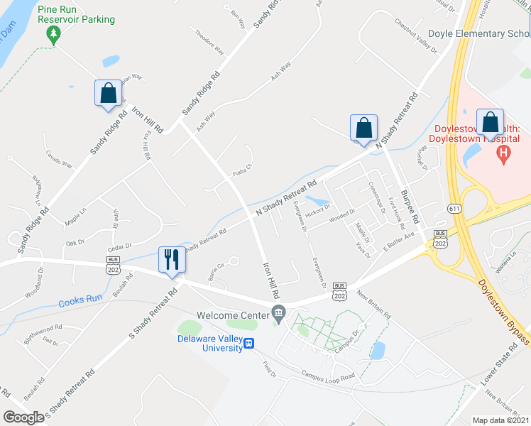 map of restaurants, bars, coffee shops, grocery stores, and more near 1910 Waid Way in Doylestown