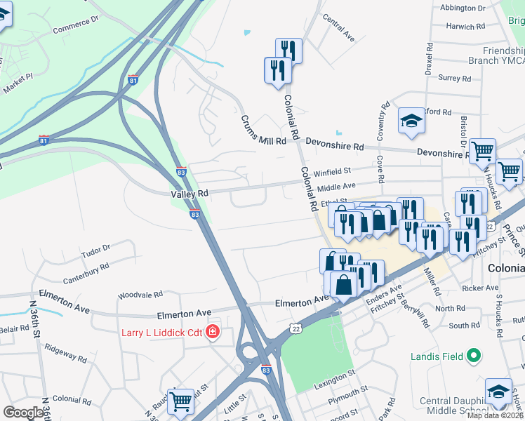 map of restaurants, bars, coffee shops, grocery stores, and more near 4117 Kimbers Road in Harrisburg