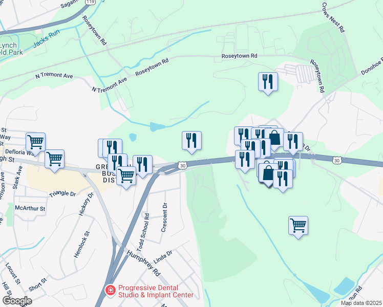 map of restaurants, bars, coffee shops, grocery stores, and more near 5347 U.S. 30 in Greensburg