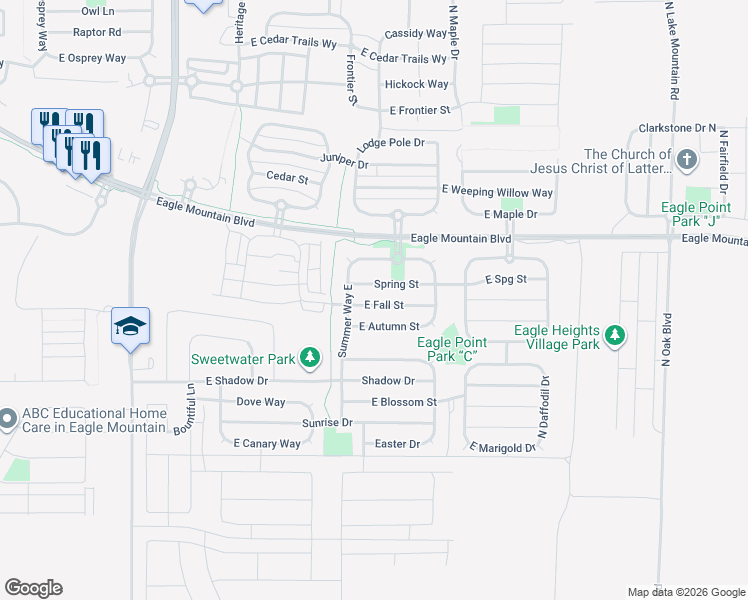 map of restaurants, bars, coffee shops, grocery stores, and more near 2035 East Fall Street in Eagle Mountain