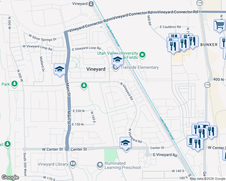 map of restaurants, bars, coffee shops, grocery stores, and more near 282 East 370 North in Vineyard