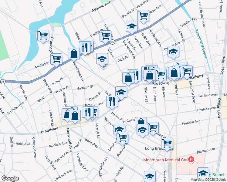 map of restaurants, bars, coffee shops, grocery stores, and more near 395 Hampton Avenue in Long Branch