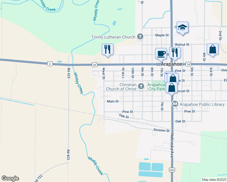 map of restaurants, bars, coffee shops, grocery stores, and more near 501 12th Street in Arapahoe