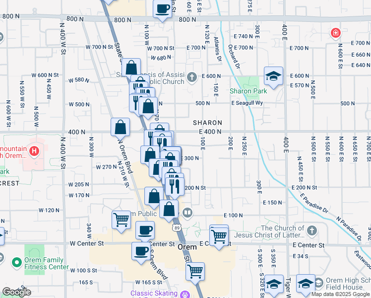 map of restaurants, bars, coffee shops, grocery stores, and more near 54 350 North in Orem