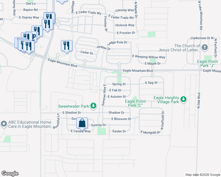 map of restaurants, bars, coffee shops, grocery stores, and more near 2035 East Fall Street in Eagle Mountain