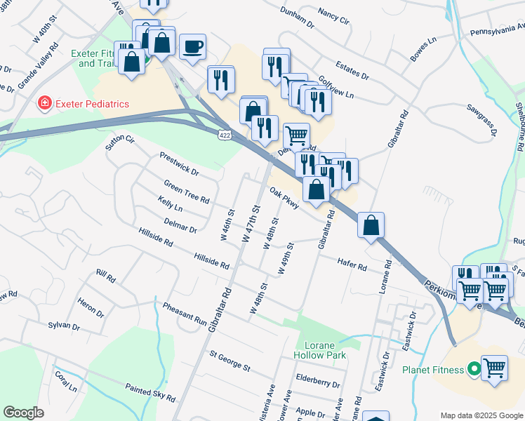 map of restaurants, bars, coffee shops, grocery stores, and more near 124 West 47th Street in Reading