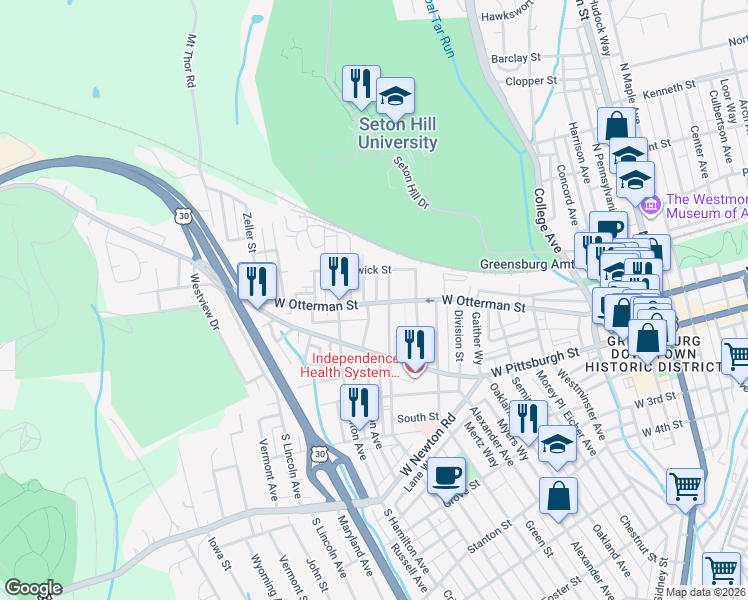map of restaurants, bars, coffee shops, grocery stores, and more near 615 West Otterman Street in Greensburg