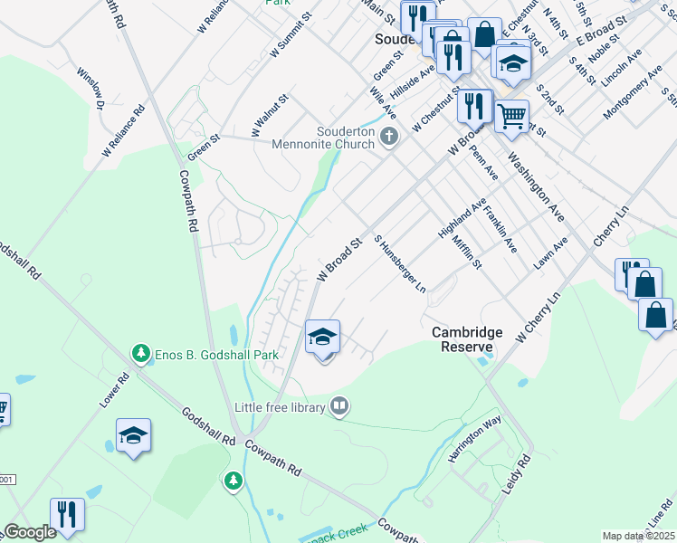 map of restaurants, bars, coffee shops, grocery stores, and more near 364 West Broad Street in Souderton