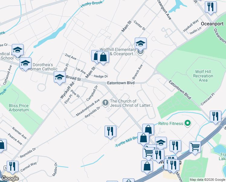 map of restaurants, bars, coffee shops, grocery stores, and more near 21 Monmouth Road in Oceanport