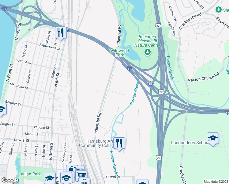 map of restaurants, bars, coffee shops, grocery stores, and more near Gate 5 in Harrisburg