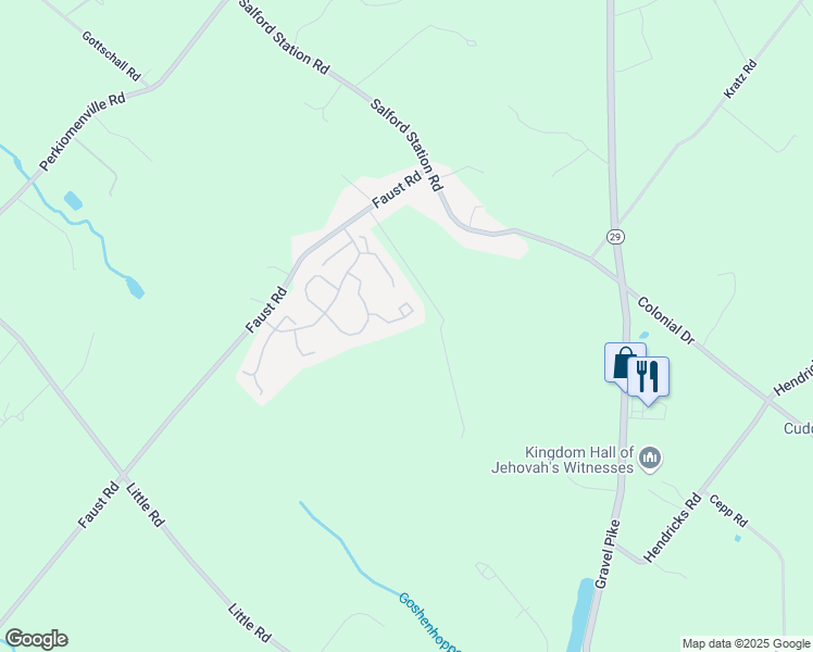 map of restaurants, bars, coffee shops, grocery stores, and more near 1232 Hunter Lane in Perkiomenville