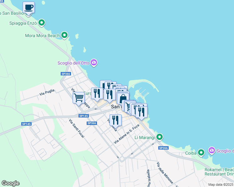 map of restaurants, bars, coffee shops, grocery stores, and more near 83 Via Lungomare Matteotti in San Foca