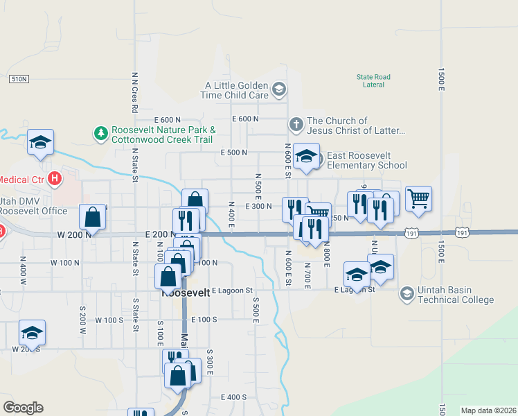 map of restaurants, bars, coffee shops, grocery stores, and more near 294 North 500 East in Roosevelt