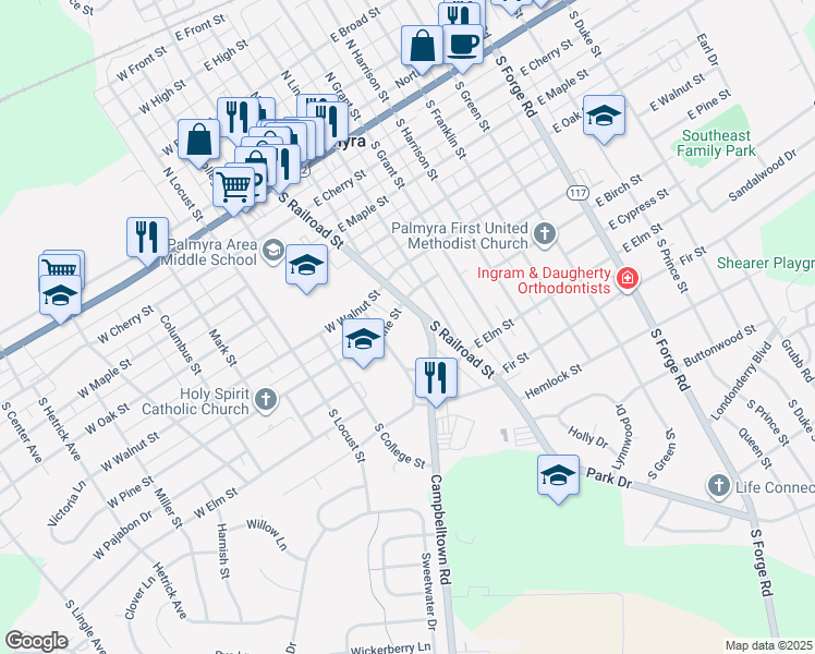 map of restaurants, bars, coffee shops, grocery stores, and more near 40 West Pine Street in Palmyra