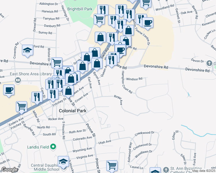 map of restaurants, bars, coffee shops, grocery stores, and more near 5011 Trent Road in Harrisburg