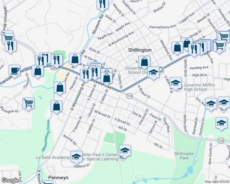 map of restaurants, bars, coffee shops, grocery stores, and more near 20 East Lancaster Avenue in Shillington