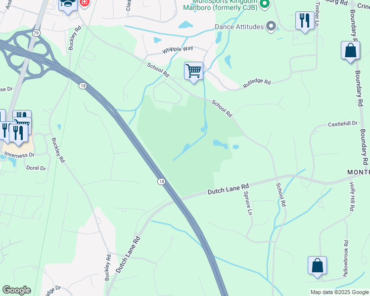 map of restaurants, bars, coffee shops, grocery stores, and more near 100 School Road in Marlboro Township