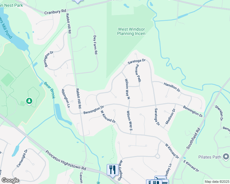 map of restaurants, bars, coffee shops, grocery stores, and more near 1 Ruthies Run in West Windsor Township