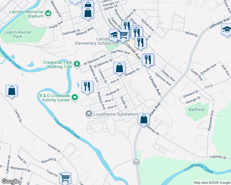 map of restaurants, bars, coffee shops, grocery stores, and more near 2416 Laveen Street in Latrobe