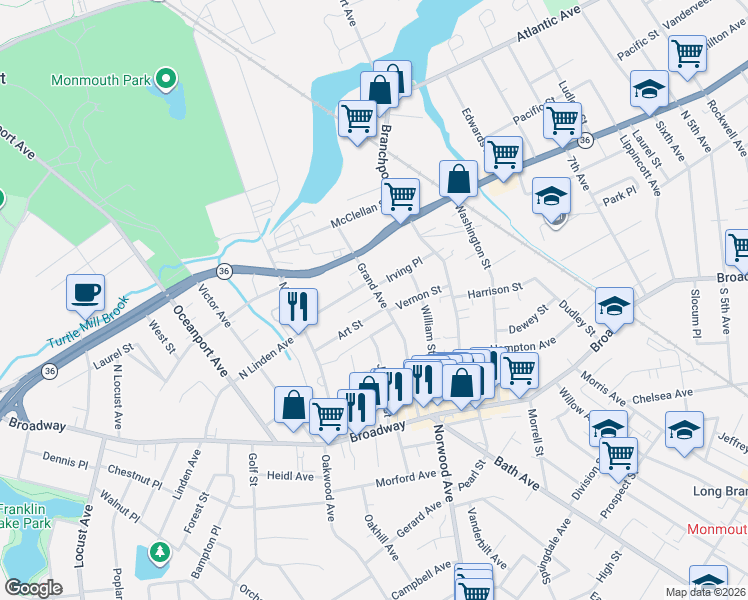 map of restaurants, bars, coffee shops, grocery stores, and more near 124 Grand Avenue in Long Branch