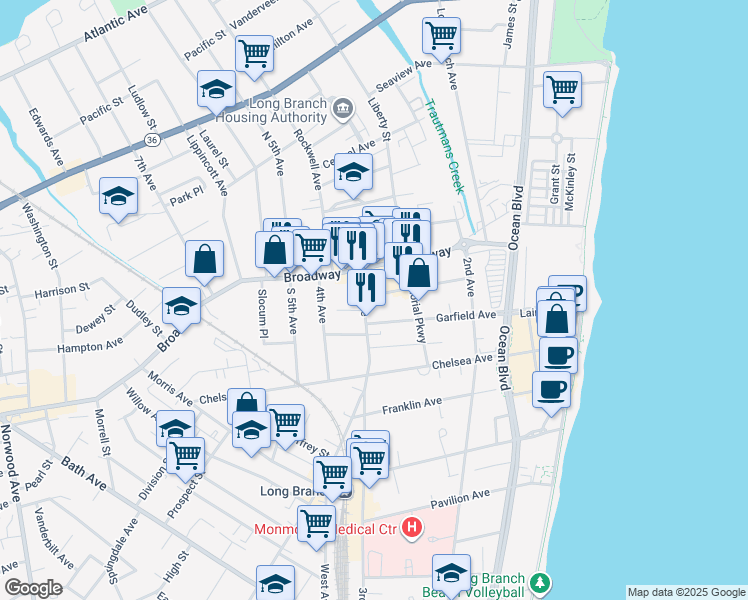 map of restaurants, bars, coffee shops, grocery stores, and more near 22 3rd Avenue in Long Branch