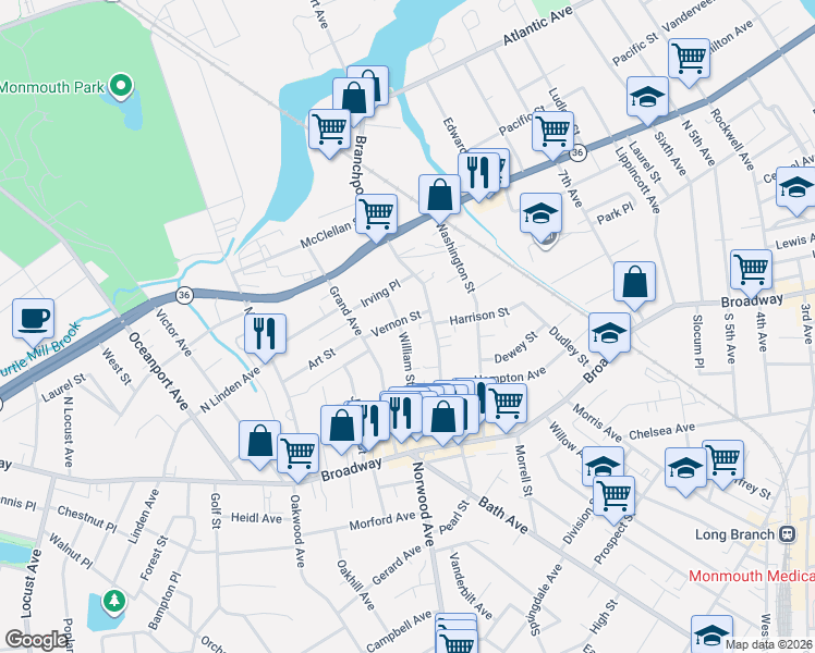 map of restaurants, bars, coffee shops, grocery stores, and more near 611 Vernon Street in Long Branch