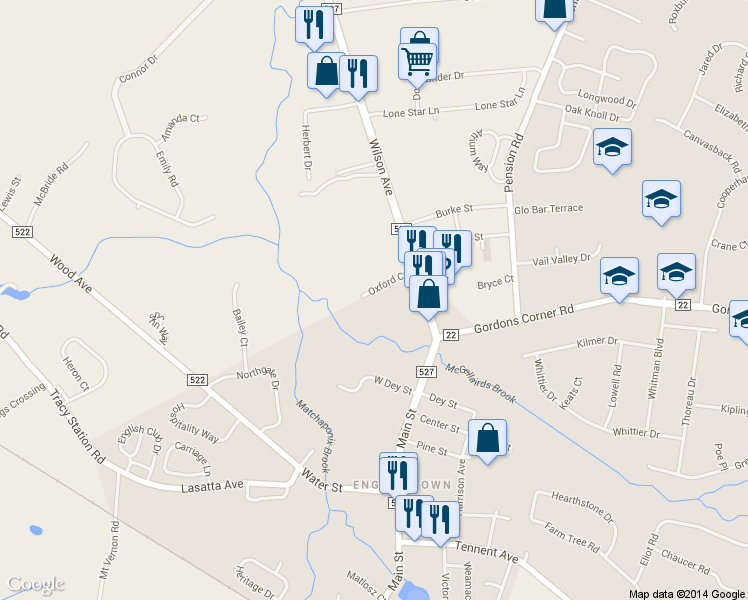 map of restaurants, bars, coffee shops, grocery stores, and more near 56 Oxford Court in Manalapan Township